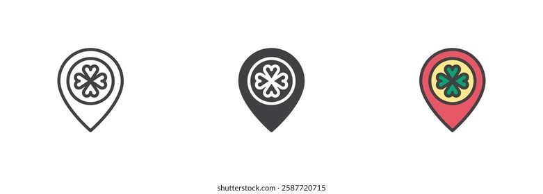 Location pin with a clover different style icon set. Line, glyph and filled outline colorful version, outline and filled vector sign. Symbol, logo illustration. Vector graphics