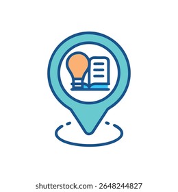 Pino de localização contendo uma lâmpada e um ícone de livro. Representa inspiração, educação e localização de conhecimento em um local específico. Estilo de vetor plano.