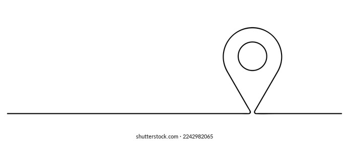 location pin continuous one line drawing, single map pointer lineart, black line vector illustration, horizontal design element