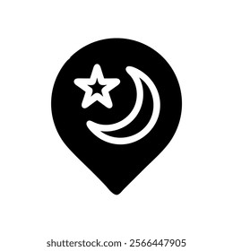 Location pin with crescent moon and star. Concept of Islam, Ramadan, and Muslim holidays.