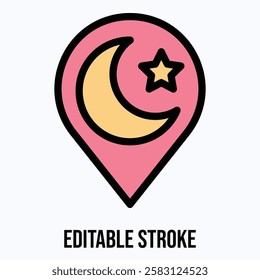 Location Pin With Crescent Moon And Star, Concept Of Islam, Ramadan And Muslim Holidays Isolated Vector Icon. 