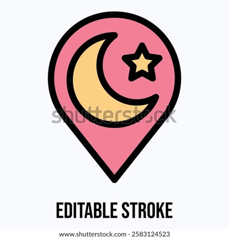 Location Pin With Crescent Moon And Star, Concept Of Islam, Ramadan And Muslim Holidays Isolated Vector Icon. 