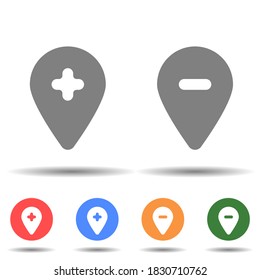 Location pin with cross line icon. Hospital add remove location