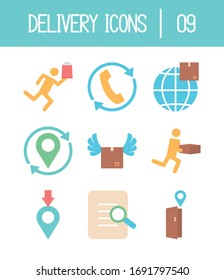 location pin and delivery icon set over white background, flat style, vector illustration