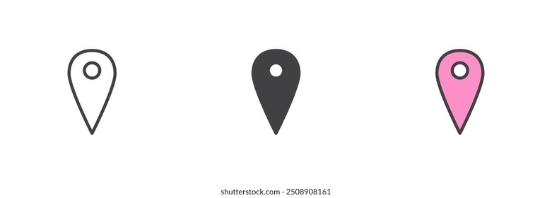Locación pin diferente estilo icono conjunto. Línea, glifo y contorno relleno versión colorida, contorno y signo de Vector relleno. Símbolo de puntero de mapa, ilustración de logotipo. Gráficos de Vector