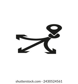 Location pin with direction arrows. Navigation and travel concept. Simple, abstract. Vector illustration. EPS 10.
