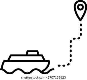 Locación pin con una línea de puntos que termina en un barco o embarcación, destino de viaje marítimo.