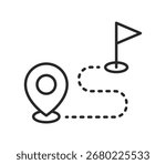 Location pin with dotted route leading to destination flag, concept of navigation, travel, map directions, journey planning, or route guidance
