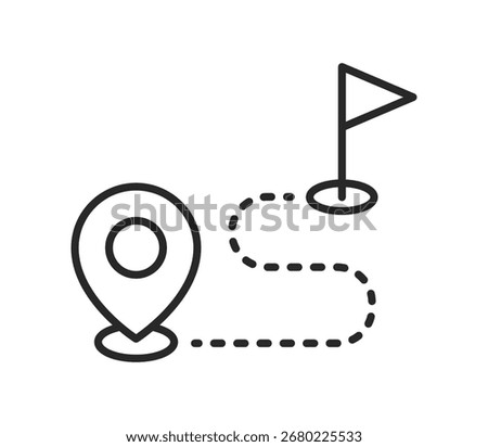 Location pin with dotted route leading to destination flag, concept of navigation, travel, map directions, journey planning, or route guidance