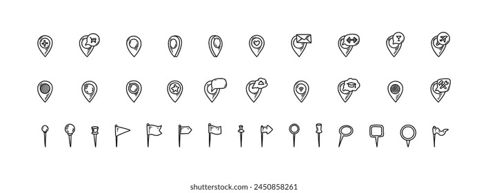 Location pin and flag icons set. Doodle location marker. Sketch restaurant, gym, bar, airport, hospital, store, university pinpoint. Hand drawn gps navigation mark.