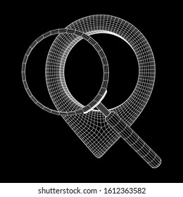 Location pin geo mark icon for travel with magnifying glass. Search path navigator concept. Wireframe low poly mesh vector illustration