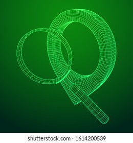 Location pin geo mark icon for travel with magnifying glass. Search path navigator concept. Wireframe low poly mesh vector illustration
