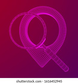 Location pin geo mark icon for travel with magnifying glass. Search path navigator concept. Wireframe low poly mesh vector illustration