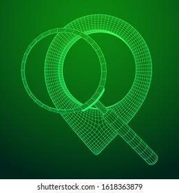 Location pin geo mark icon for travel with magnifying glass. Search path navigator concept. Wireframe low poly mesh vector illustration