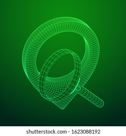 Location pin geo mark icon for travel with magnifying glass. Search path navigator concept. Wireframe low poly mesh vector illustration
