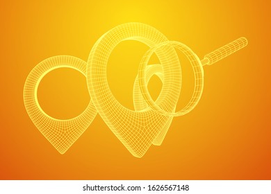 Location pin geo mark icon for travel with magnifying glass. Search path navigator concept. Wireframe low poly mesh vector illustration