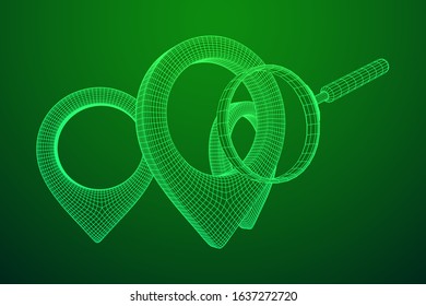 Location pin geo mark icon for travel with magnifying glass. Search path navigator concept. Wireframe low poly mesh vector illustration