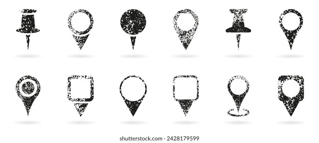 Location Pin Grunge Icon Set. Map Pointer Collection. GPS Navigation Grimy Sign. Dirty Black Map Marker. Destination Tag, Position Mark On White Background. Isolated Vector Illustration.