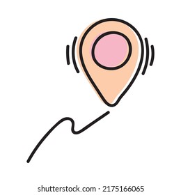 Icono de doodle dibujado a mano con el pasador de posición. Puntero del mapa, ubicación del lugar, pin GPS y concepto de navegación. Ilustración vectorial para impresión, web, móvil e infografía sobre fondo blanco.