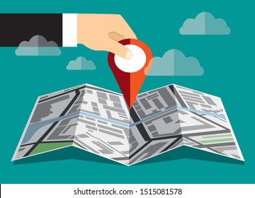 Location Pin In Hand And Paper Map. Location On Navigation Map. Use For, Landing Page, Template, Ui, Web, Mobile App, Poster, Banner Illustration In Flat Style 