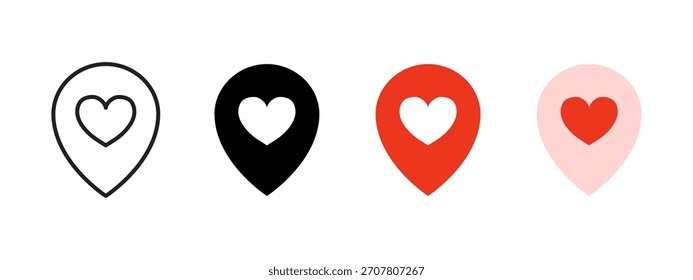 Locación pin con icono de corazón. Un simple marcador de amor para mapas y lugares favoritos símbolo de navegación. Geolocalización emocional para los puntos románticos en el signo de los App. Pictograma de concepto de ubicación de corazón limpio.