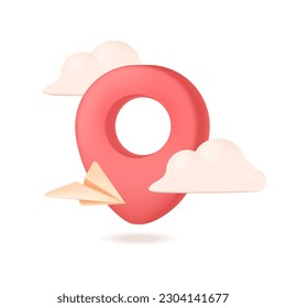 Location Pin Symbol 3d Vektorgrafik. Kartenweg in Wolken mit Papierfräse im Cartoon-Stil einzeln auf weißem Hintergrund. Sommer, Tourismus, Urlaub, Reisekonzept