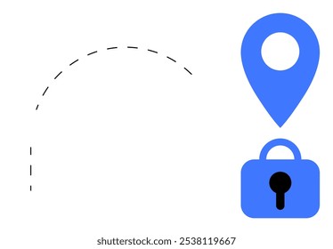 Location pin icon above a secure padlock. Ideal for data security, privacy, geolocation services, GPS navigation, and cybersecurity. Simple graphic design style with minimalistic appearance