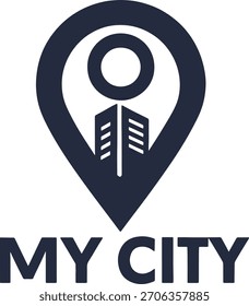Icono de pin de Locación con construcción abstracta y texto Mi ciudad