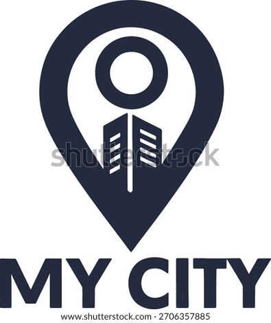 Location pin icon with abstract building and text my city