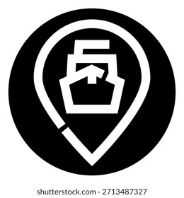 Icono de pin de Locación con un símbolo abstracto de la nave, que representa el envío global, el seguimiento de la carga y la logística de transporte marítimo sobre un fondo circular negro