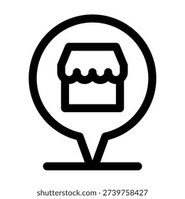 A location pin icon containing a small shop building with a roof, designed to mark a specific business place on a map. This simple flat design icon uses a circular border and a pointed base to symbolize navigation and location finding.