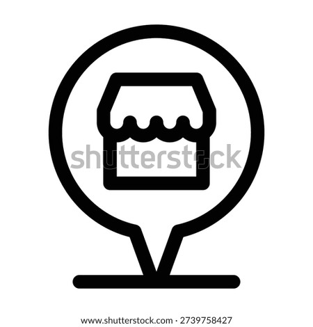 A location pin icon containing a small shop building with a roof, designed to mark a specific business place on a map. This simple flat design icon uses a circular border and a pointed base to symbolize navigation and location finding.