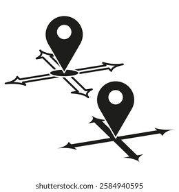 Location pin icon. Directional arrow symbol. Navigation position sign. Black GPS marker.