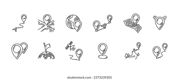 Juego de doodles de icono de la ubicación. Dibujo manual de la ilustración vectorial. Marca del mapa de geolocalización. Iconos de línea vectorial relacionados con la navegación a mano libre.