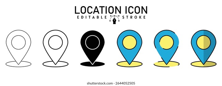 ícone de pin de local em estilos editáveis de traçado, contorno e preenchimento. para designs de navegação, mapas e geolocalização em aplicativos, sites e interfaces de usuário, ícones de vetor de local criados em preenchido