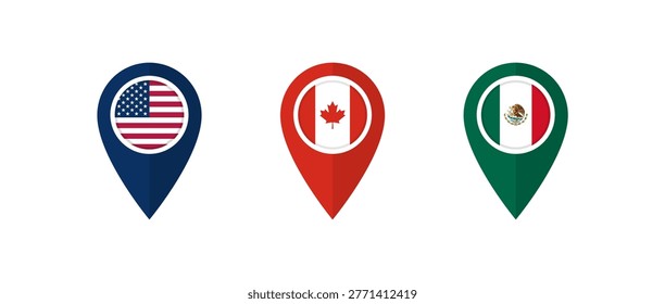 Location pin icon with flag of the USA, Canada and Mexico. Map marker or pointer with American, Canadian and Mexican flag