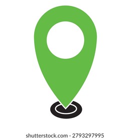 The location pin icon is green with a circle hole in the center, standing above the black target point symbol. This minimalist vector design represents a placemark, navigation point, or status 