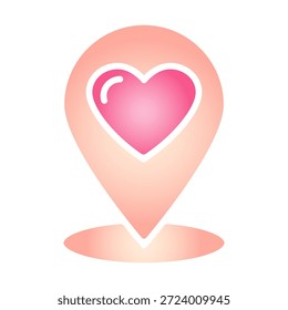 Ícone de pin de localização com coração em gradiente rosa suave. Símbolo moderno do ponto de encontro romântico para o Dia dos Namorados. Ilustração de vetor de marcador de mapa estilizado brilhante isolada em branco.