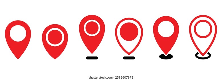 Location pin icon with a hole in the center. Location map pin symbol for navigation use. Icon for navigation and map based services. Isolated red map location icon on white background.