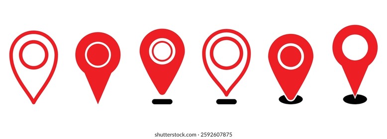 Location pin icon with a hole in the center. Location map pin symbol for navigation use. Icon for navigation and map based services. Isolated red map location icon on white background.