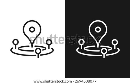 Location Pin Icon, Local Hub and Network Symbol, Minimalist Line Art for GPS Navigation, Map Marker, and Geolocation, Modern Vector Graphic for Business and Travel, Black and White Versions.