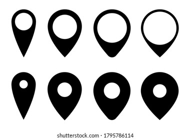 Icono de alfiler de ubicación, marca de etiqueta de mapa, conjunto de marcadores de posición simple negra