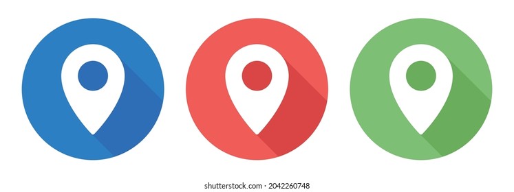 Location pin icon. Map marker pointer icon set. GPS location symbol on shadow button
