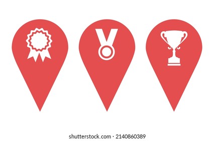 Location Pin Icon, Map Marker, Destination Symbol, Position Sign. Location icons indicating awards, championship, competition, success. Design elements for banner, poster, game, app