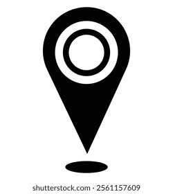 Location pin icon, map marker symbol, black and white graphic, minimalist design, drop shadow, geolocation indicator, navigation symbol.