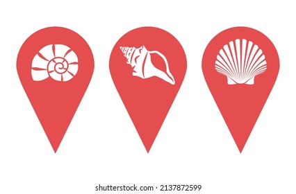 Location pin icon. Map pin place marker. Location icon of sea. Map marker pointer icon set. GPS location symbol collection. Summer icons depicting various shells. Design elements for games, mobile app