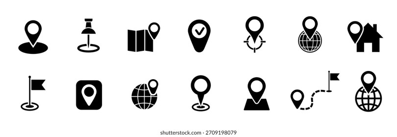 Icono de pin de Locación. Marcador de lugar de pin de mapa. Conjunto de punteros de mapa