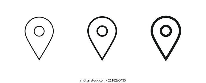 Location pin icon, map pointer marker symbol, gps map pin icon button in filled, thin line, outline and stroke style for apps and website	
