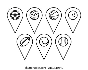 Location pin icon. Map pointer marker icon set. GPS location character collection. Location icons depicting sports balls. Basketball, volleyball and soccer ball pins. Doodle vector