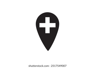 Um ícone de pin de localização com um símbolo de cruz médica no interior, representando serviços de saúde, hospitalares ou de emergência em mapas ou sistemas de navegação.